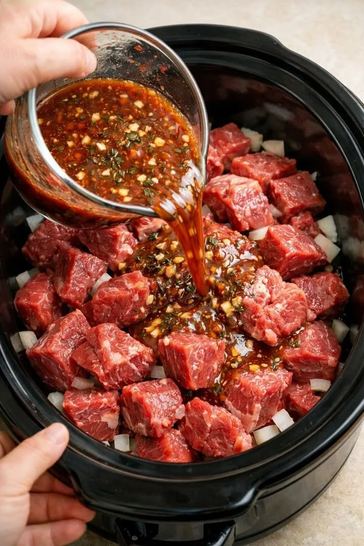 Slow cooked beef chuck roast with vegetables in a slow cooker