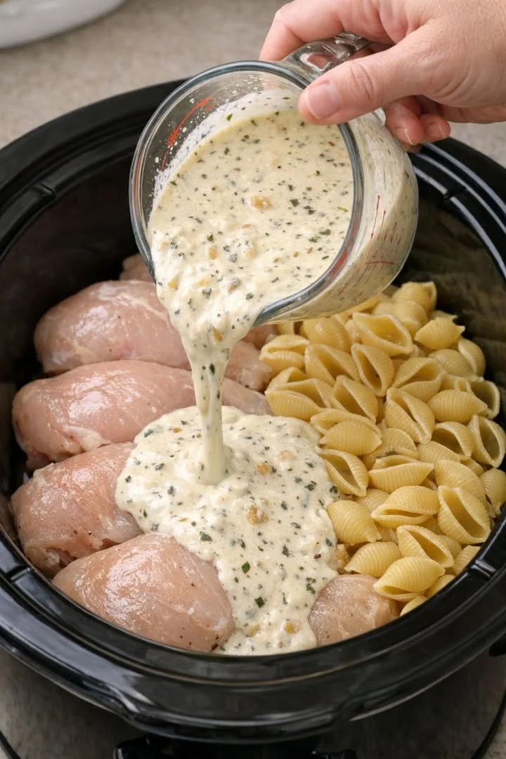 Slow Cooker Chicken and Shells served in a bowl with herbs and cheese garnish.