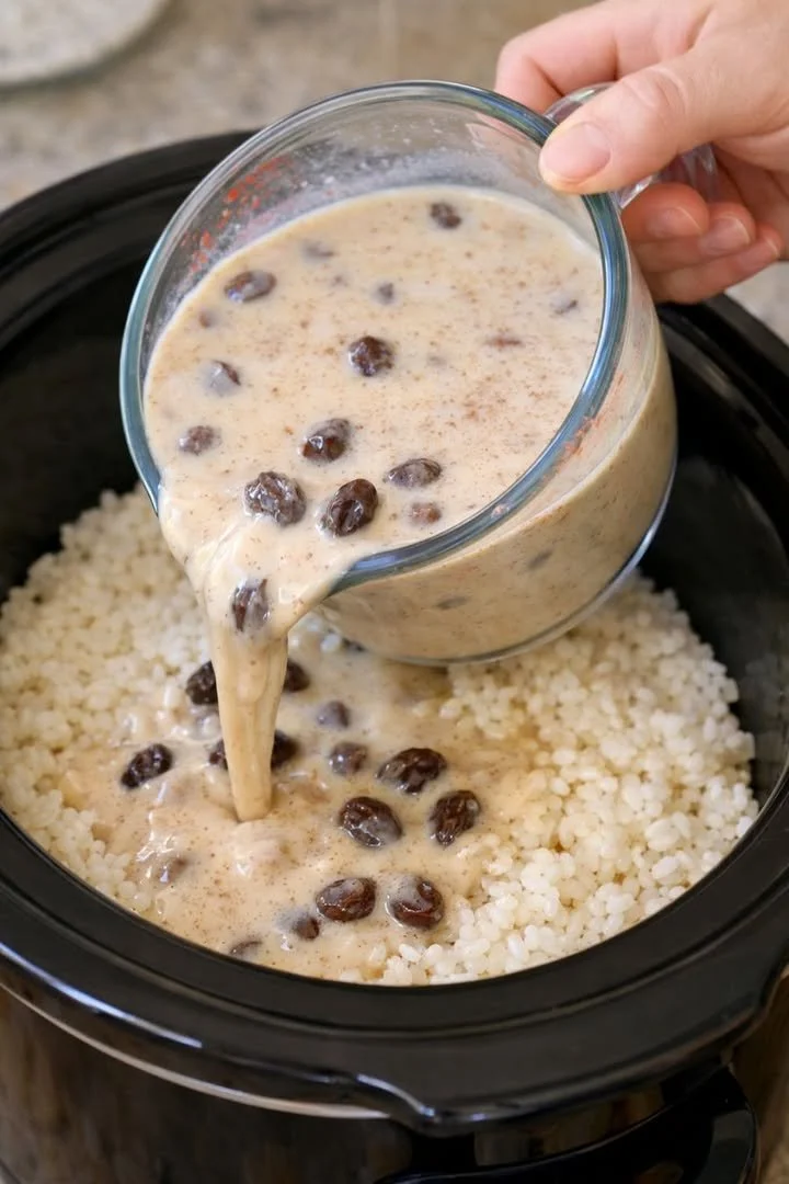 Creamy slow cooker rice pudding served in a bowl with a sprinkle of cinnamon.