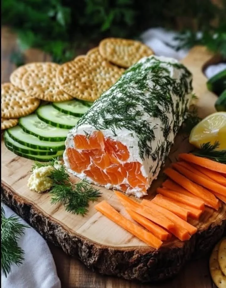 Smoked salmon and cream cheese log appetizer on a plate