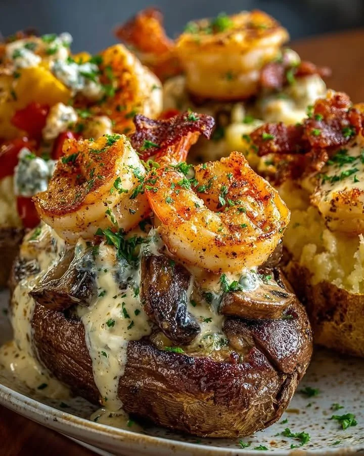 Steak, Shrimp & Mushroom Loaded Baked Potatoes