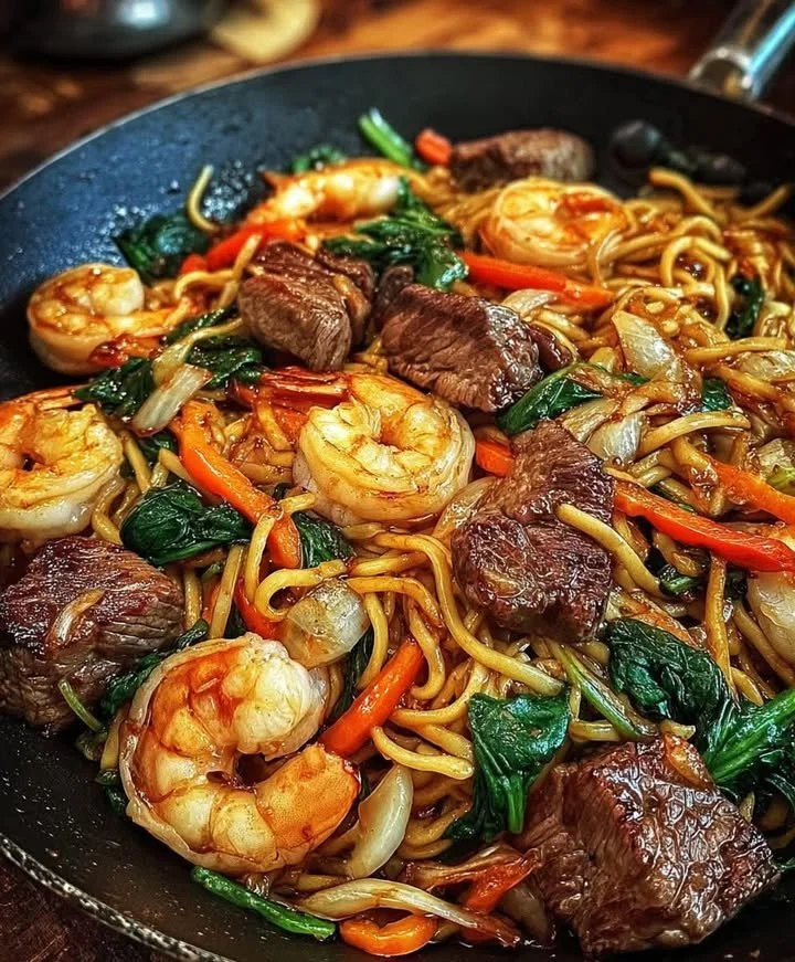 Surf & Turf Noodle Stir-Fry with Steak and Shrimp