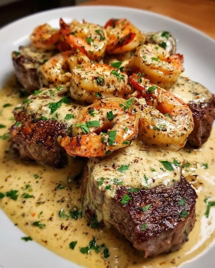 Delicious steak and garlic shrimp served on a plate.