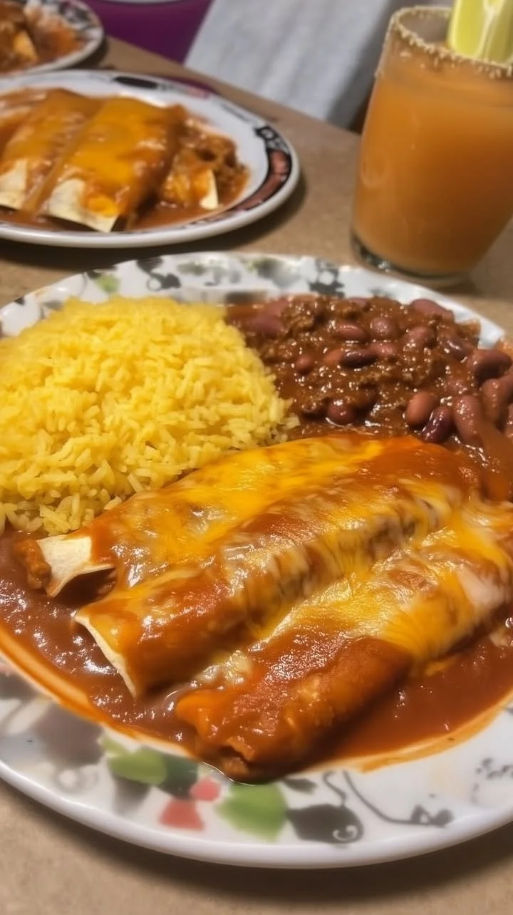 Two Cheese Enchiladas with Chili Con Carne Sauce & All Beef Tamale